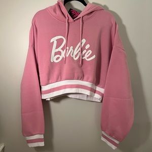 NWT Barbie Crop Top Hoodie with Pink and White Stripe Cuffing Size XL